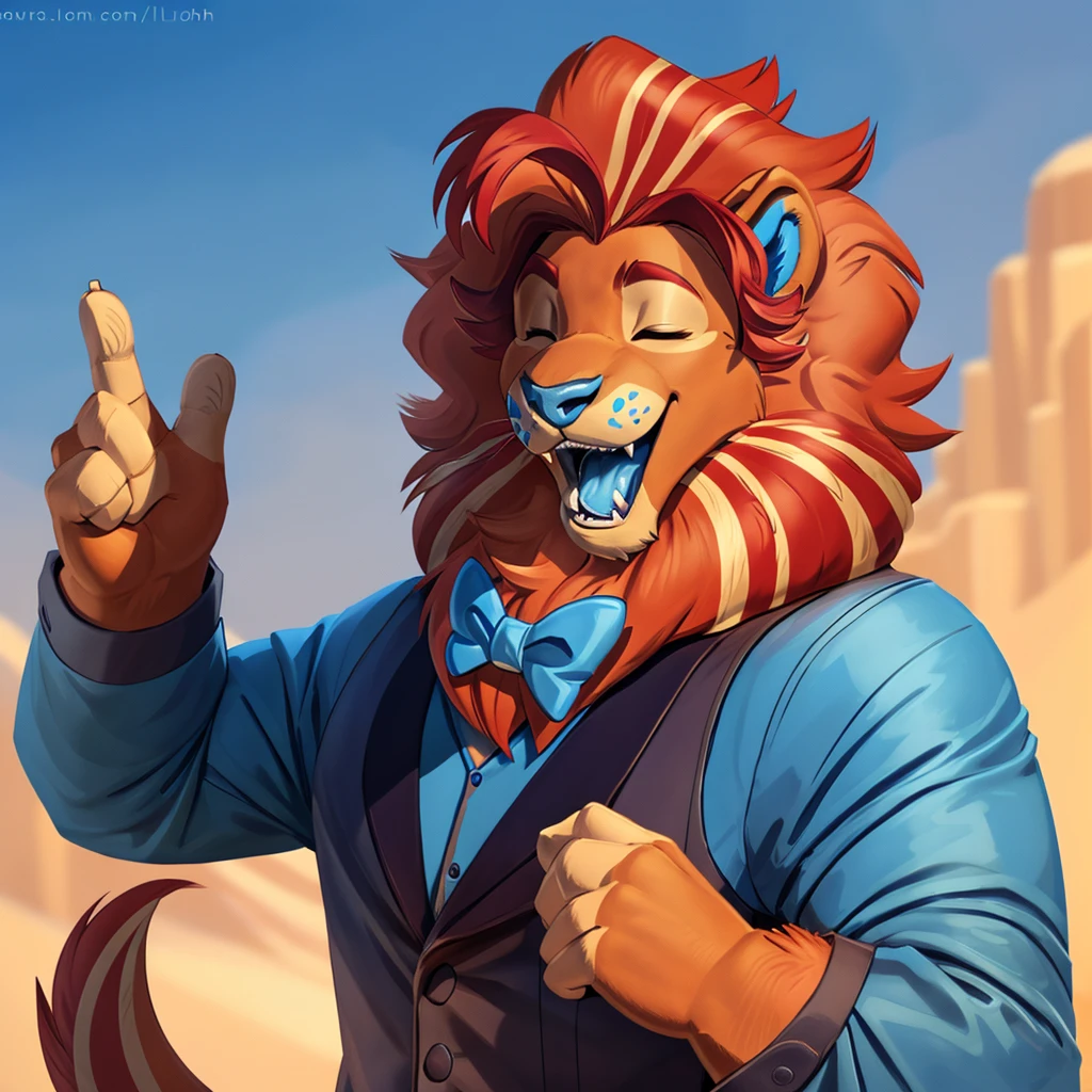 lloydip, blue eyes, blue nose, mane, tail, solo, (pinup), (pose), (soft shading), 4k, hi res, ((detailed face, detailed eyes)), by zackarry911, by zaush, (by personalami:0.5), solo, solo, open mouth, 1boy, bow, closed eyes, upper body, male focus, teeth, bowtie, vest, fangs, blue bow, sharp teeth, blue bowtie, erection, thick cock,