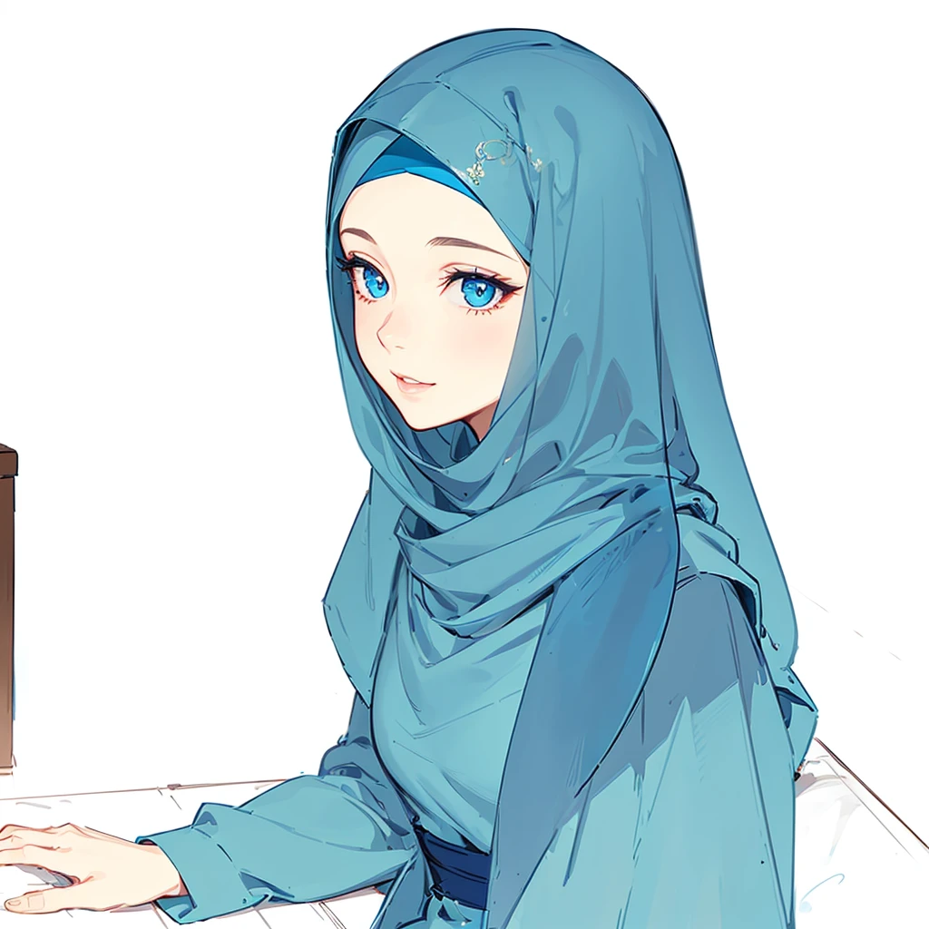 1girl, blue hijab, blue eyes, smiling lips, happy face, looking away eyes, beautiful detailed eyes, beautiful detailed lips, extremely detailed face, long eyelashes, intricate hijab folds, natural lighting, portrait, photorealistic, 8k, high quality, cinematic lighting, dramatic shadows, vibrant blue tones, serene expression