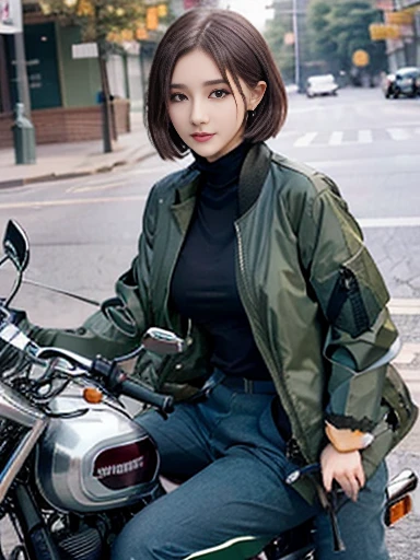 (Realistic:1.5), 8K, Very delicate beauty, 1 Girl, Exquisite body detailing, (short: 1.3), (Highest quality: 1.0), (Super sharp cutting edge: 1.0),(Beautiful and delicate depiction of eyes),((((Ride a motorcycle)))),Unreal Engine:1.4, photoRealistic:1.4, Skin Texture:1.4, masterpiece:1.8,Highest quality、smile、Long limbs、Turtleneck sweater、((Green jacket and trousers))、thin、short hair
