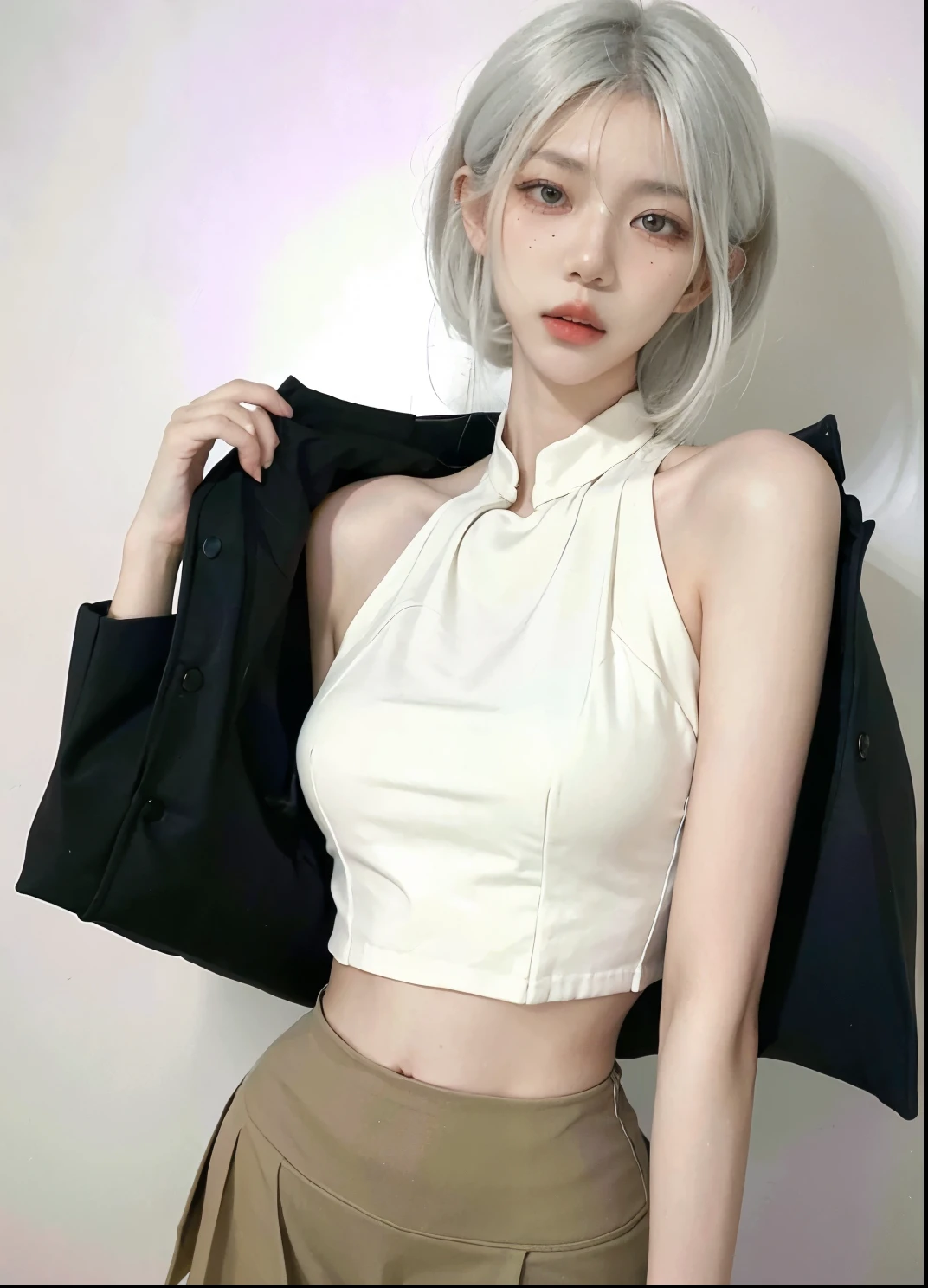 Beautiful woman with perfect figure:1.4,Ultra-high resolution,White background,(Realism:1.4),Layered hairstyle,White skin,JK:1.5,Super short pleated skirt,whole body:1.4,Very delicate and skin texture,Double eyelids,Skin Whitening,Long hair,White hair