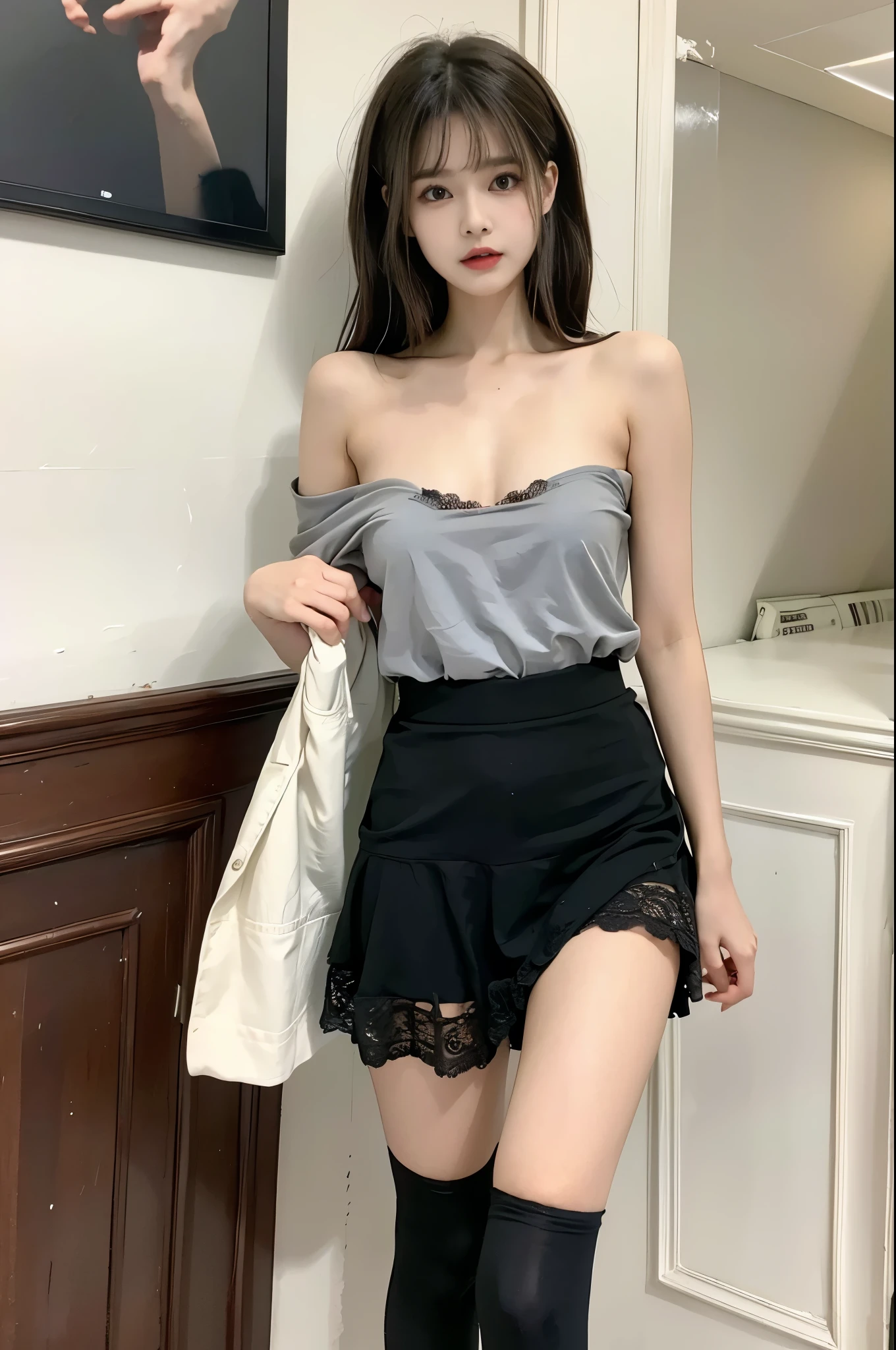 strap slip ((Large Breasts)), ((D cup)), Visible cleavage,Highly detailed face and skin texture,((Bare shoulder)), Double eyelids,Skin Whitening,Long hair,Whitening long legs,Standing by the sea, Fashion Girl, Red lips, Sweet Girl, Beautiful makeup, detail, lifelike, Very detailed, Astonishing, beautiful, Young and energetic, high quality,HD, Colorful, Beautifully, Smooth skin, The skirt is very short, Official Art, Extremely detailed, Movie atmosphere, Soft colors, Natural skin texture, Random scene, random shooting Angle, Black over-the-knee socks, lace hem