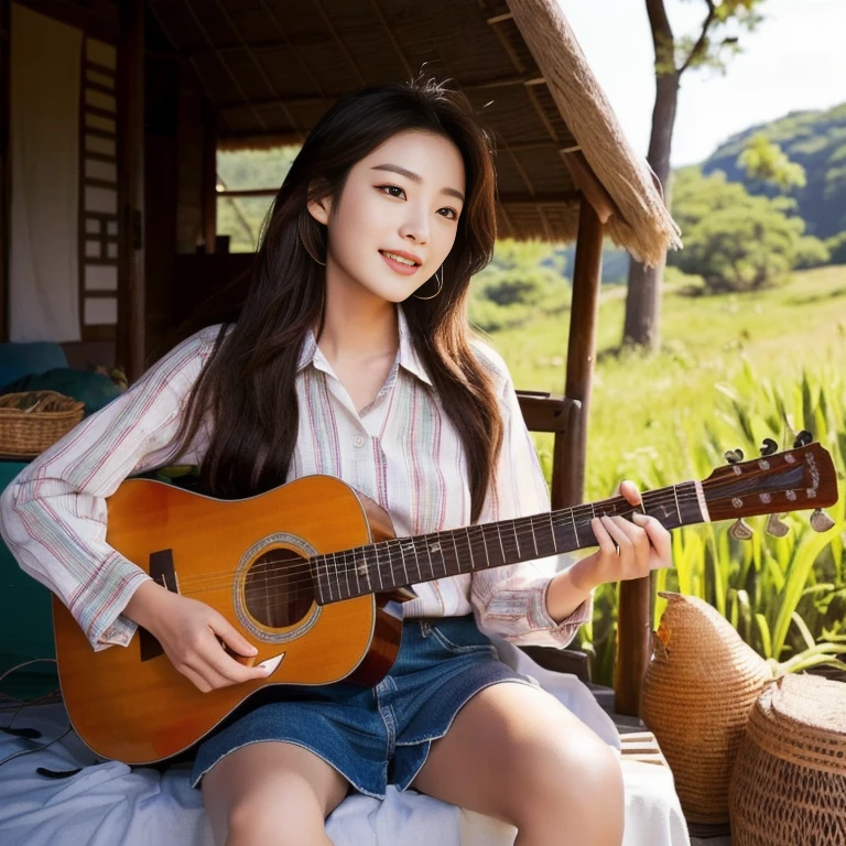 Araffi woman sitting in front of a hut with a guitar, Jae Yeon Nam, Tzuyu from two times, Korean girl, Chinese girl, Jinyoung Shin, Roseanne Park of blackpink, Korean idol, girl playing guitar, gongbi, portrait of female Korean idol, beautiful south korean women, singer-songwriter, Korean artist, Xindong Chen, Wen Feiye