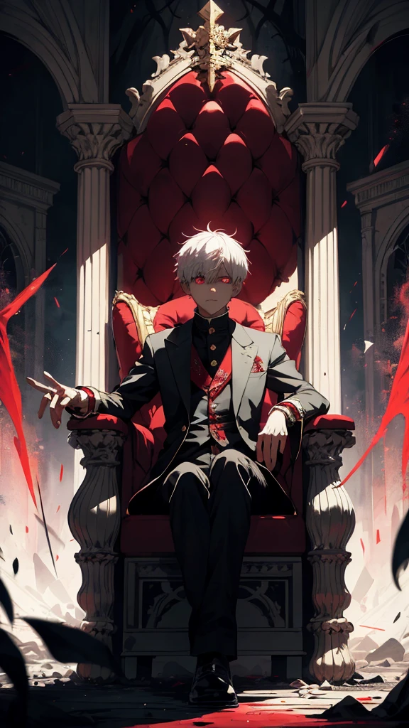 white haired, A red-eyed prince sits on a majestic throne inside an abandoned palace. The environment around it is dark and gloomy, with evil red eyes in the walls and cobwebs hanging there. The throne is richly decorated, with details of gold and precious stones, and covered with a dusty cloth. The protagonist is dressed in royal clothes, with Kaneki's expression on his face, when he looks at the horizon with glowing red eyes, Masterpiece, Best Quality, Ultra-detailed, illustartion, concept art in 8K resolution, Fantasy art, epic art, concept art wallpaper 4k, Deep color, natural lighting