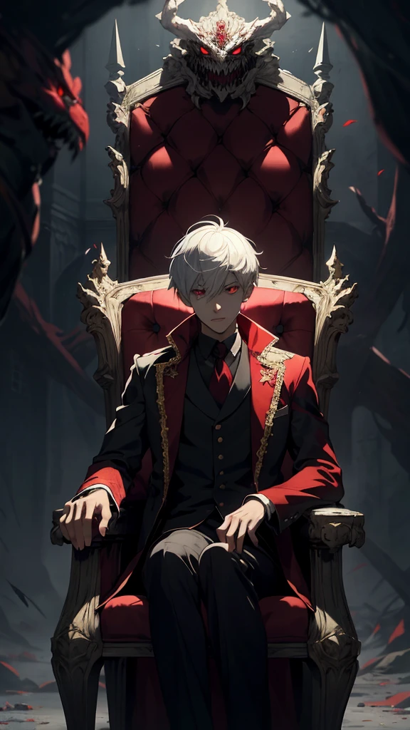 white haired, A red-eyed prince sits on a majestic throne inside an abandoned palace. The environment around it is dark and gloomy, with evil red eyes in the walls and cobwebs hanging there. The throne is richly decorated, with details of gold and precious stones, and covered with a dusty cloth. The protagonist is dressed in royal clothes, with Kaneki's expression on his face, when he looks at the horizon with glowing red eyes, Masterpiece, Best Quality, Ultra-detailed, illustartion, concept art in 8K resolution, Fantasy art, epic art, concept art wallpaper 4k, Deep color, natural lighting