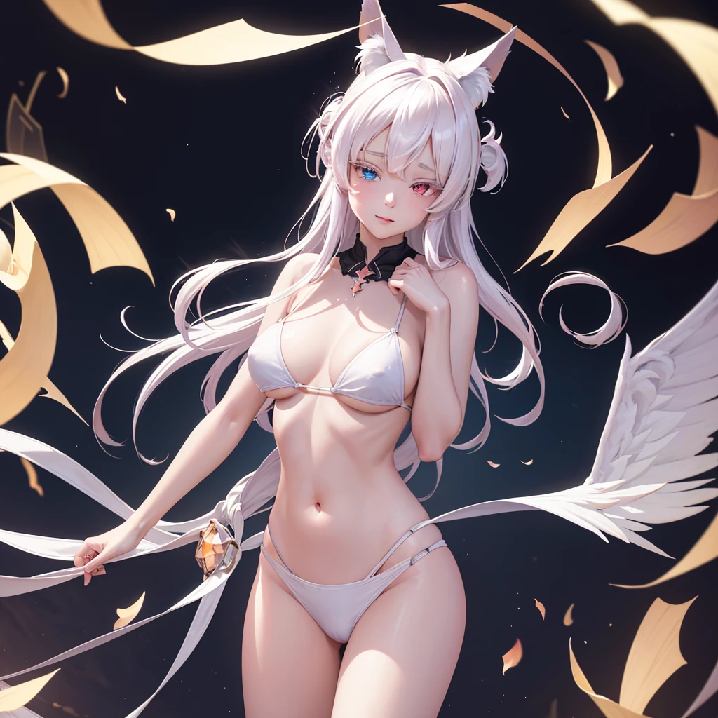 {{masterpiece}}, best quality, extremely detailed CG unity 8k wallpaper, cinematic lighting, lens flare, beautiful detail eyes, black,  side glance,  multicolor short white hair, colorful light, particles, heterochromia, (colorful:1.5), (colorful hair:1.5), Sexy white bikini, bikini armor, wings on back, nipple slip, 