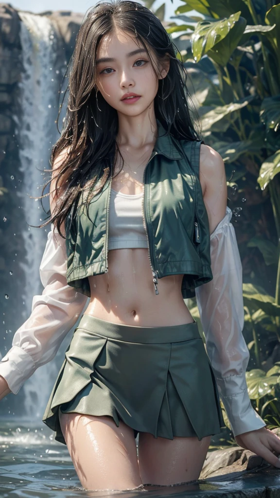 8k, masterpiece, 1 girl, beautiful face, very long hair, light makeup, (wet skin:1.3), detailed eyes, detailed lips, small bust, short jacket, wet green vest, ((plain micro skirt)), ((under pants)), ((bare thigh)), ((bare stomach)), straps clothing, (water falling:1.4), steam effect, water vapour,