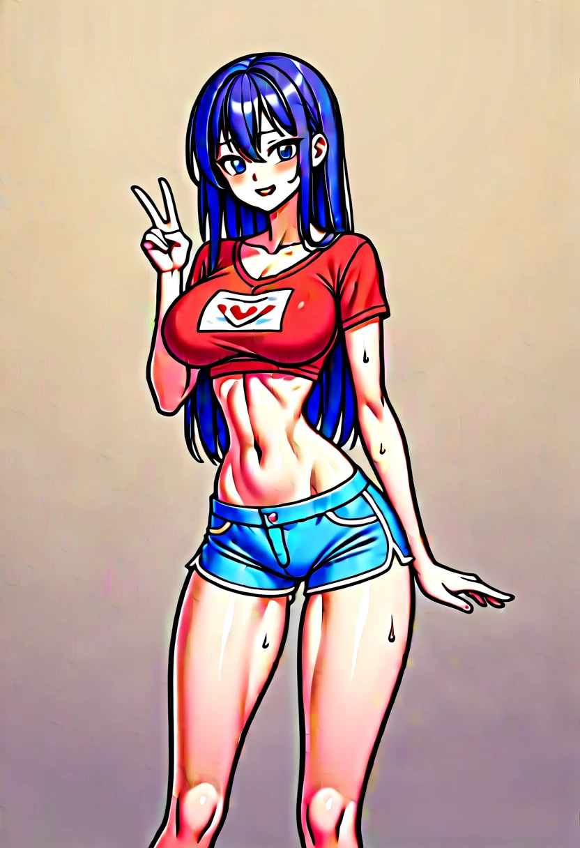 (masterpiece, best quality:1.2), Shader, front shot, 1girl, kawaii, (super big breasts, micro waist, very long legs:1.3), Black hair, midium hair, short height, scrawny and thin body, Light Skin, cute big eyes, cute beautiful thin face, shorts, pigeon-toed, wet and sweaty, big visible ribs, V sign, Trembling