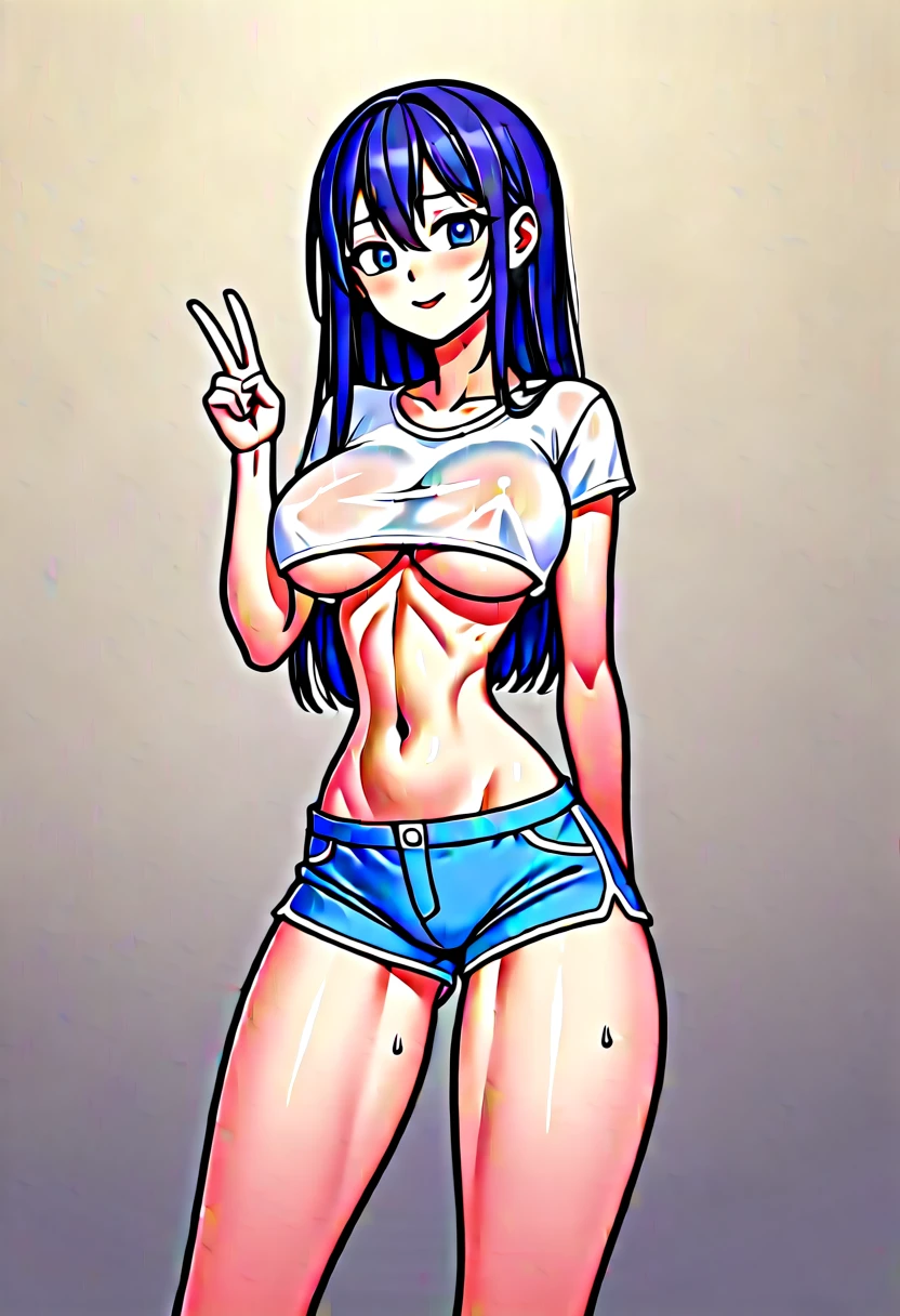 (masterpiece, best quality:1.2), Shader, front shot, 1girl, kawaii, (super big breasts, micro waist, very long legs:1.3), Black hair, midium hair, short height, scrawny and thin body, Light Skin, cute big eyes, cute beautiful thin face, shorts, pigeon-toed, wet and sweaty, big visible ribs, V sign, Trembling