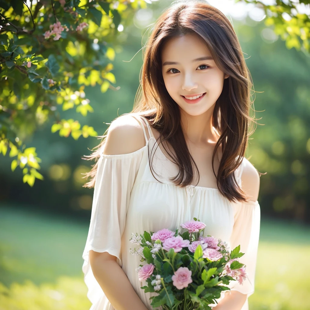 Create an image of a young woman around 25 years old, inspired by the provided image. The woman should have long, flowing hair and a gentle smile, holding a bouquet of flowers similar to the one in the reference. The setting should be a beautiful outdoor environment with greenery in the background, reminiscent of a sunny day. The woman should have a slightly more mature appearance while maintaining a warm and friendly expression. Ensure the lighting and color tones are soft and natural, highlighting her youthful yet mature beauty.