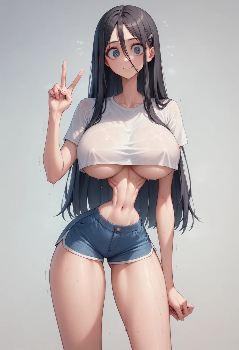 (masterpiece, best quality:1.2), Shader, front shot, 1girl, kawaii, (super big breasts, micro waist, very long legs:1.3), Black hair, midium hair, short height, scrawny and thin body, Light Skin, cute big eyes, cute beautiful thin face, shorts, pigeon-toed, wet and sweaty, big visible ribs, V sign, Trembling