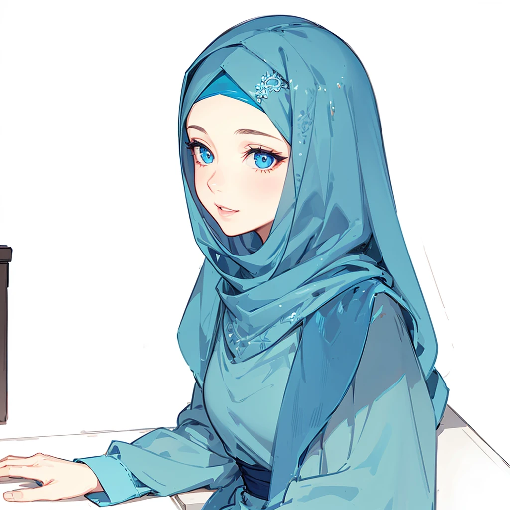 1girl, blue hijab, blue eyes, smiling lips, happy face, looking away eyes, beautiful detailed eyes, beautiful detailed lips, extremely detailed face, long eyelashes, intricate hijab folds, natural lighting, portrait, photorealistic, 8k, high quality, cinematic lighting, dramatic shadows, vibrant blue tones, serene expression