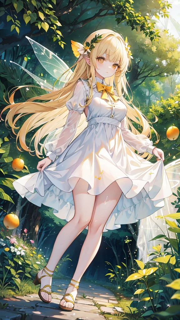 Full body, cute, baby face, big breasts, flying, in the forest, white dress, long hair, alone, small, fairy wings, honey blonde hair, lemon tree, orange eyes