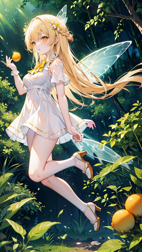Full body, cute, , big breasts, flying, in the forest, white dress, long hair, alone, small, fairy wings, honey blonde hair, lemon tree, orange eyes