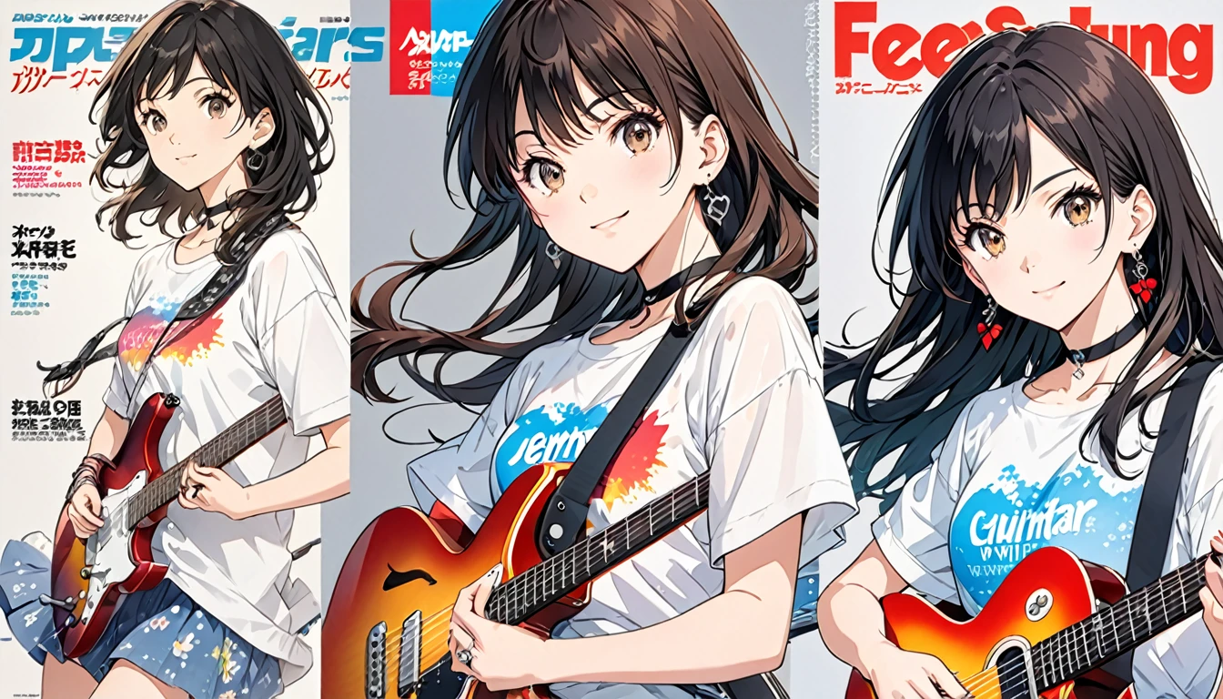 anime artwork magazine cover,magazine cover illustration,magazine cover illustration,1girl,guitar,instrument,reference inset,black hair,shirt,solo,jewelry,white shirt,electric guitar,holding,t-shirt,photo inset,simple background,ring,looking at viewer,choker,earrings,holding instrument,print shirt,short sleeves,long hair,grey background,white background,smile,black choker,brown eyes,. anime style, key visual, vibrant, studio anime, highly detailed