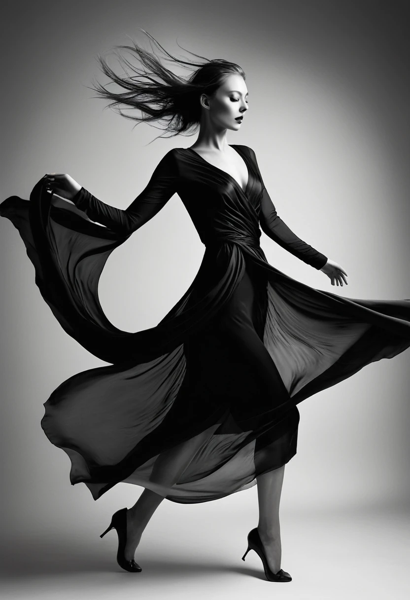A stunning, high-realistic, studio photograph of a slender scandinavian goth woman dancing, clothed only in intricately draped, flowing black silk scarves, evoking a sense of elegance and grace. Captured in a monochromatic color palette, the black and white tone amplifies the textures and shadows, adding depth to the fluid, energetic movement of the subject. Soft, diffused lighting accentuates the woman's sinuous curves, as her slender limbs seem to blur in motion, exuding a sense of freedom and joy.