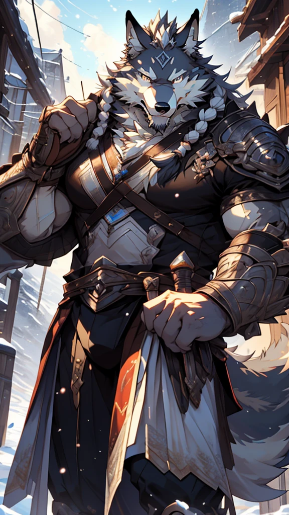 battle,fight,white armor,long blue army knife,elder,gentle and soft,ice magic power,long white beard,long braided hair,solo, kemono, (old grey wolf), anthro (old wolf), anthro, male, anthro male (old wolf), anthro (old wolf), tail,muscles, handsome, general, loose cloth ,bulge, big abs, northern area,cloudy sky,wind and snowstorm,perfect lighting, (light particles),(best quality),(masterpiece),(ultra detailed),sharp focus, light particles, strong, serious,rippled muscles, ultradetailed face, ultradetailed eyes, looking at viewer, good looking, bareness, ((detailed face)),a lot of scars,the elder,elder face