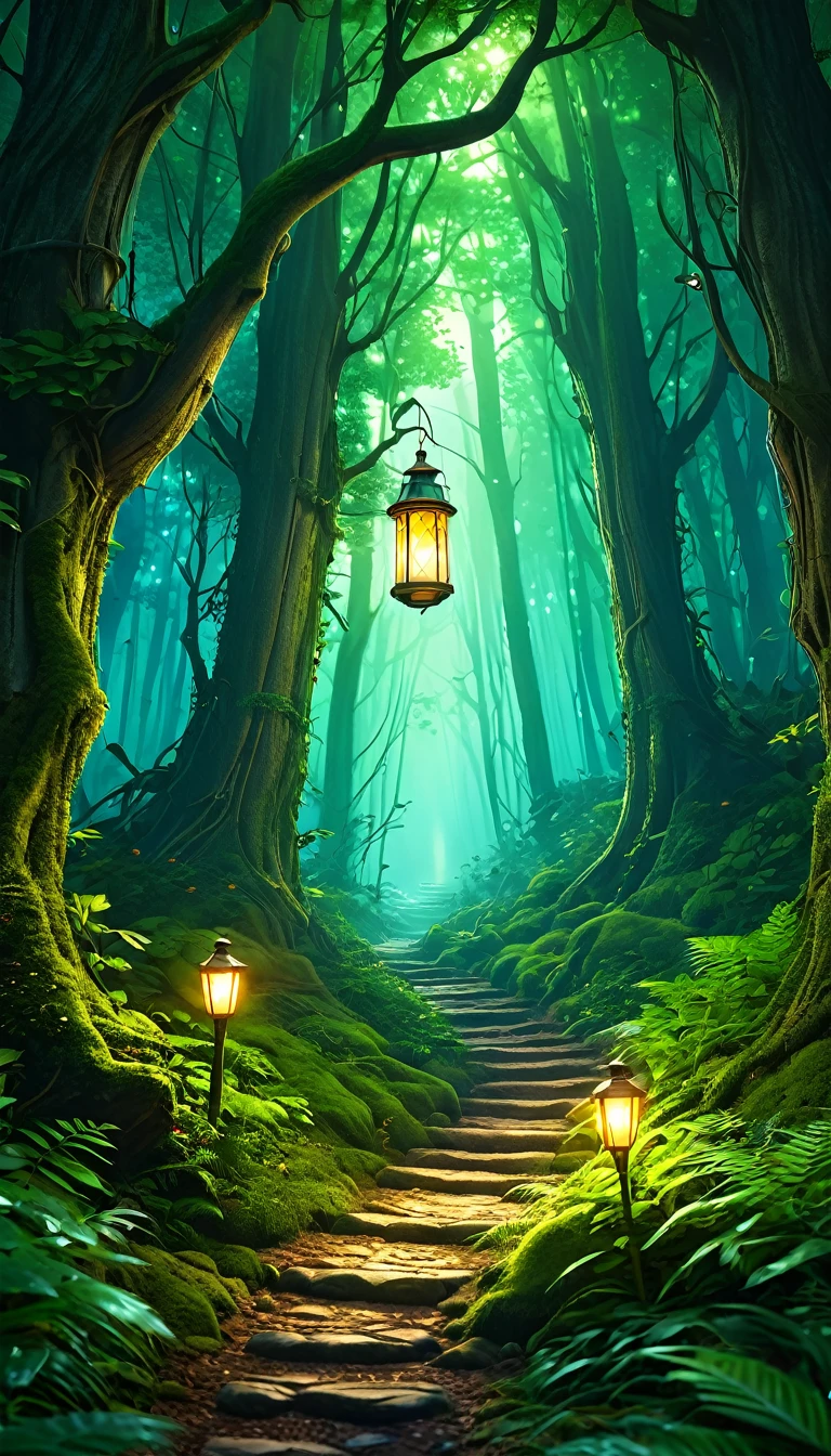 Live action depicting a forest path with a lantern, Concept art inspired by Andreas Rocha, Artstation Contest Winner, Fantasy art, Forest Portal, Magical Environment, enchanted magical fantasy forest, magical fantasy forest, Magical forest background, Fantasy Magic Plants, fantasy forest environment, Magic Stone Portal in the Forest, Beautiful ancient forest, Enchanted and magical forest