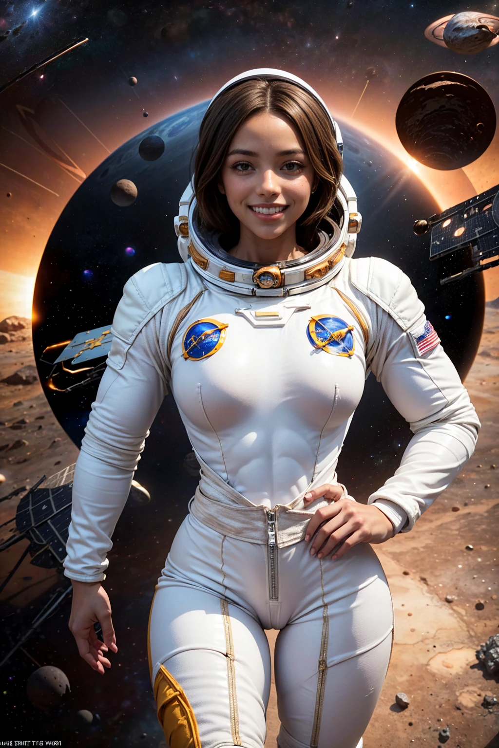(Muscular:2), (thick thighs:1), (large round breasts:1), (large muscular chest and shoulders:0), FEMALE, brown hair, long brown hair, (big smile:1.6), (wearing a tight white spacesuit:1.5), looking at viewer, (three quarter view:1.2), upper body view, (derelict planet space:1.5), dark lighting, detailed skin, detailed eyes, (dark skin:1.1), (very thin waist:1.3), (huge round muscles:1.5),