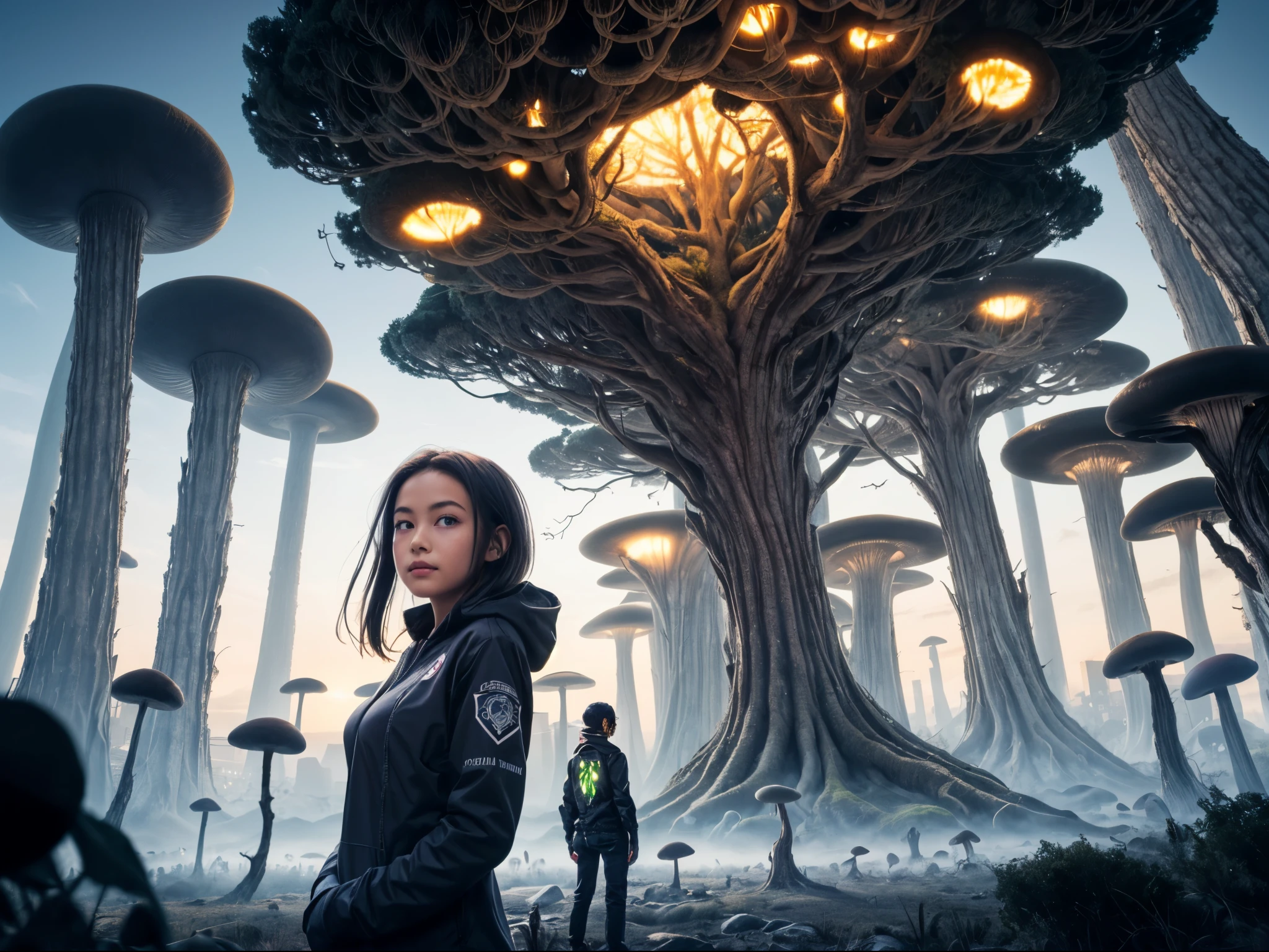 1girl, surrounded by towering mushrooms and twisted trees, glowing alien cityscape background, extraterrestial visitors, unreal science fiction world, brown skin, platinum black hair, black eyes, cold-faced, looking at viewer, (****, cute:1.2), (breasts:1.2),