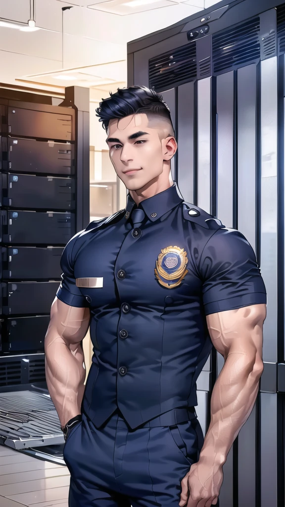 1 man,(Skinheads hairstyles) ,black eye,(Wear jacket Short sleeve shirt color navy with a police badge.:1.3),(fit neck),Navy blue jeans,(black_gloves), Korean guy,chest muscles,large arm muscles,blood vessel,Big muscles,Broad shoulders, smile, middle of the road,(full_shot:1.6), (server room:1.6)