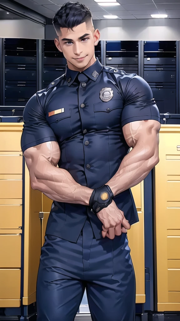 1 man,(Skinheads hairstyles) ,black eye,(Wear jacket Short sleeve shirt color navy with a police badge.:1.3),(fit neck),Navy blue jeans,(black_gloves), Korean guy,chest muscles,large arm muscles,blood vessel,Big muscles,Broad shoulders, smile, middle of the road,(full_shot:1.6), (server room:1.6)