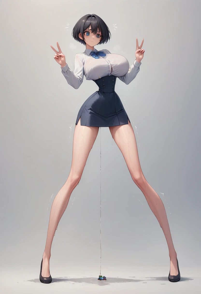 (masterpiece, best quality:1.2), Shader, front shot, 1girl, kawaii, (super big breasts, micro waist, very long legs:1.3), Black hair, short bob hair, short height, scrawny and thin body, Light Skin, cute big eyes, cute beautiful thin face, suit, pigeon-toed, wet and sweaty, big visible ribs, V sign, Trembling