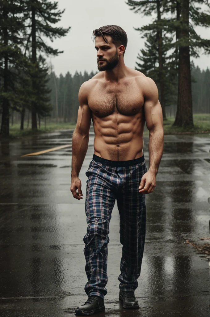 Lumberjack in the rain without shirt and without pants with tight ????????? 