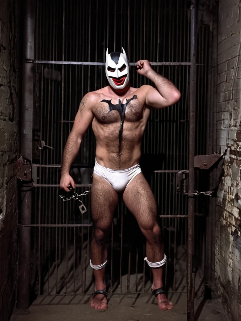 1950s, Batman handcuffed and locked in a dark cell in the basement, wearing only a tattered mask, naked without a belt, wearing only dirty, bulging white briefs, bare feet, bare hands, bruised eyes and swollen mouth, dirty and hairy body, dirty body, handcuffed hands gripping the bars and asking for help,TSH high quality photo