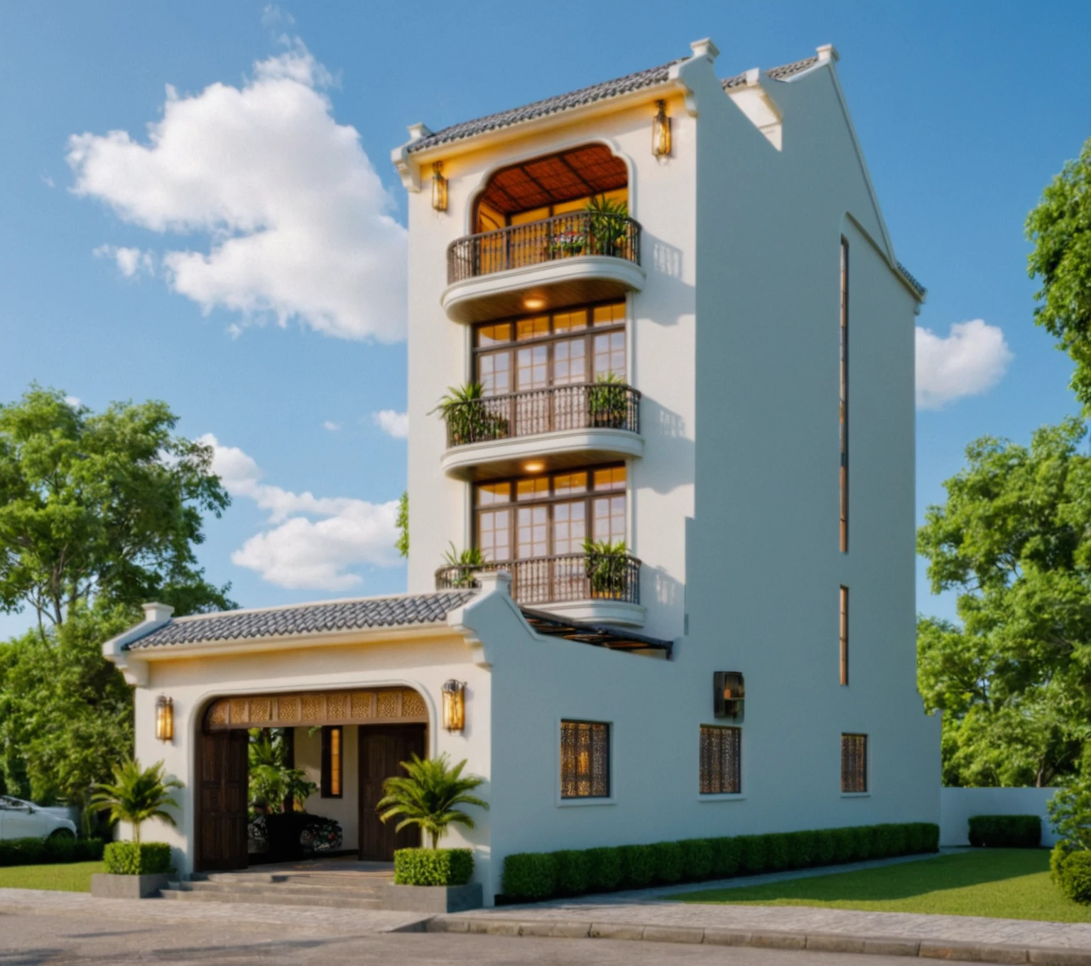 Raw photo, Masterpiece, high quality, best quality, authentic, super detail, exterior, outdoors, house style Indochine on the street, Citigroup road , grass, trees, sky, cloud,  daylight:2.2), vivid colors, (realistic:2.3),
