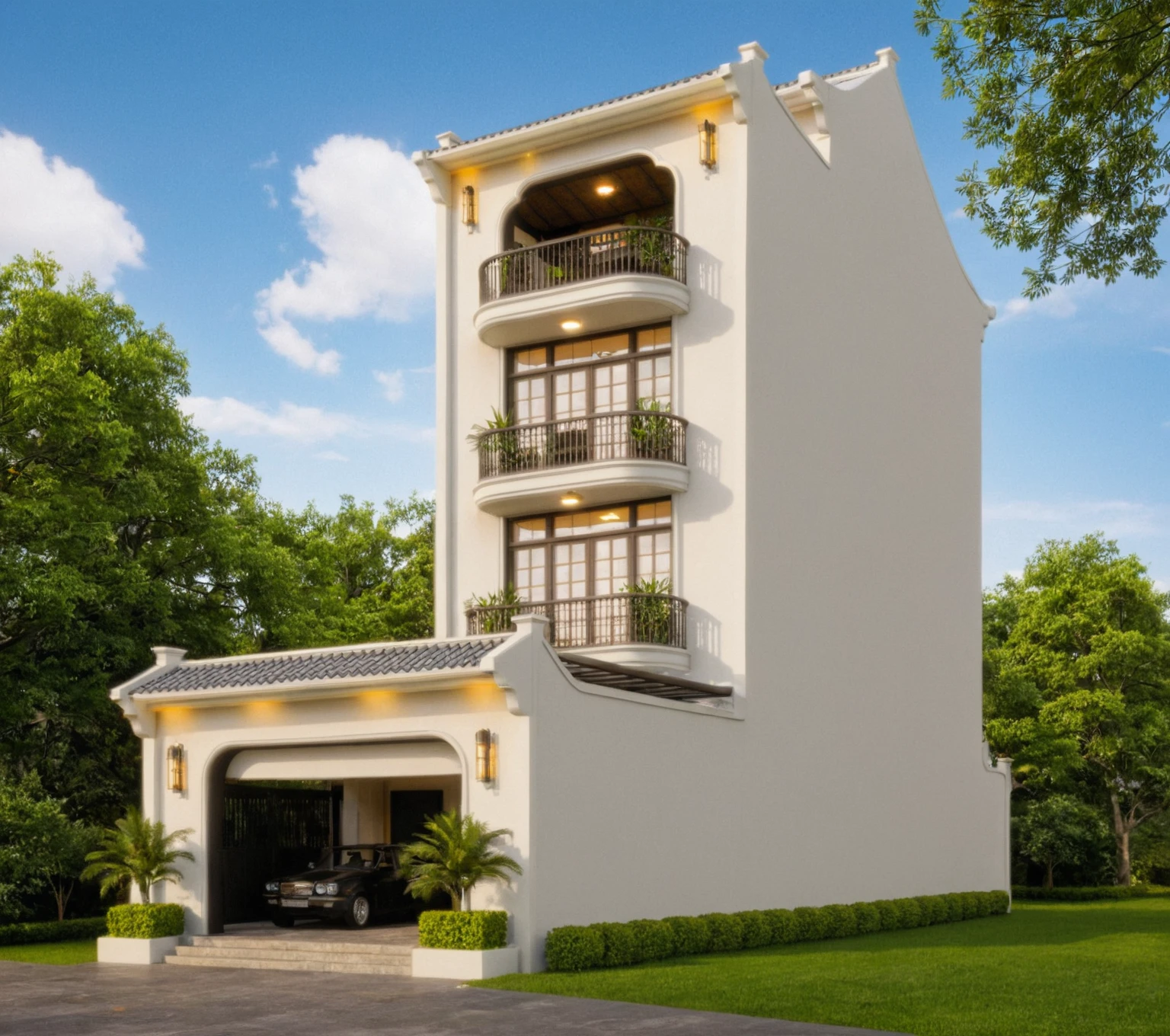Raw photo, Masterpiece, high quality, best quality, authentic, super detail, exterior, outdoors, house style Indochine on the street, Citigroup road , grass, trees, sky, cloud,  daylight:2.2), vivid colors, (realistic:2.3),
