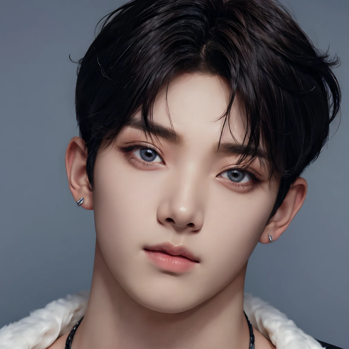 professional portrait photograph, handsome young man, model, crew cut, fluffy hair, detailed face, detailed eyes, plain background, kpop