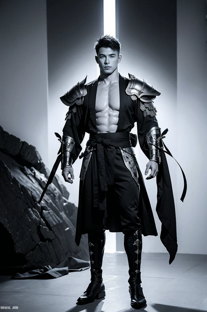 full-body shot，Sexy, handsome and strong male half- warrior, Nice face, Delicious Company, Charming figure, Wearing a sexy open kimono with armor. the artwork is created in a medium reminiscent of japanese ink painting....., 具有大胆的笔触和Monochromatic color palette. The artist's masterful technique reveals the intensity and power and presence of the image，with the highest quality, Perfectly capture every detail with ultra-high resolution. Textures and intricate patterns on armor and kimonos are rendered with extreme precision. Lighting is carefully designed，Enhance the drama, Features deep shadows and subtle highlights. General, Artwork exudes elegance and power, Combining Japanese traditional aesthetics with modernity. Monochromatic color palette, Combine details, Create captivating and immersive experiences for your audience.