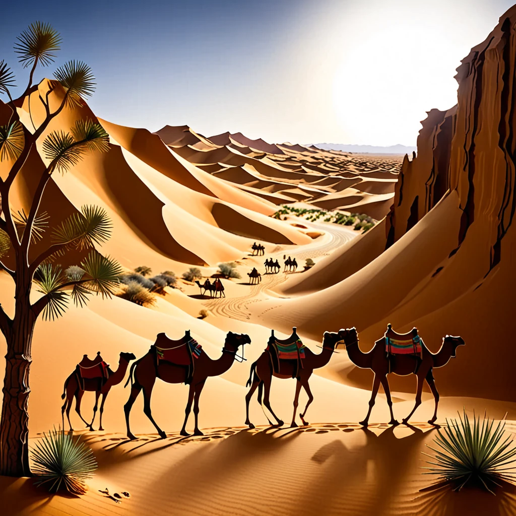 Create a detailed paper cutout artwork depicting a desert scene with camels. The scene should include vast, rolling sand dunes, a clear blue sky, and a few scattered desert plants. Camels should be shown in various poses, some walking in a caravan, some resting, and perhaps one with a rider. The artwork should capture the essence of the desert's vastness and the resilience of the camels. The overall mood should be tranquil and expansive, highlighting the beauty and solitude of the desert landscape.