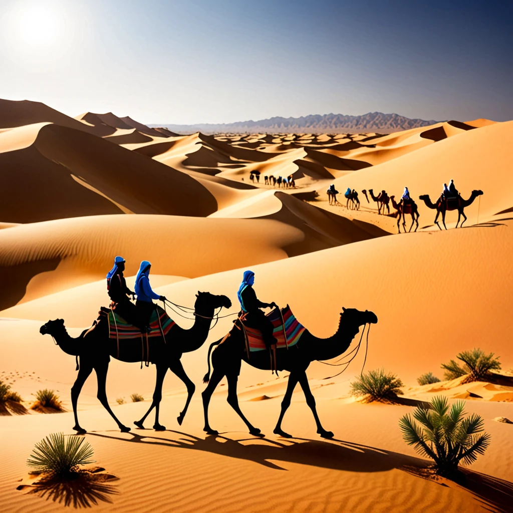 Create a detailed paper cutout artwork depicting a desert scene with camels. The scene should include vast, rolling sand dunes, a clear blue sky, and a few scattered desert plants. Camels should be shown in various poses, some walking in a caravan, some resting, and perhaps one with a rider. The artwork should capture the essence of the desert's vastness and the resilience of the camels. The overall mood should be tranquil and expansive, highlighting the beauty and solitude of the desert landscape.