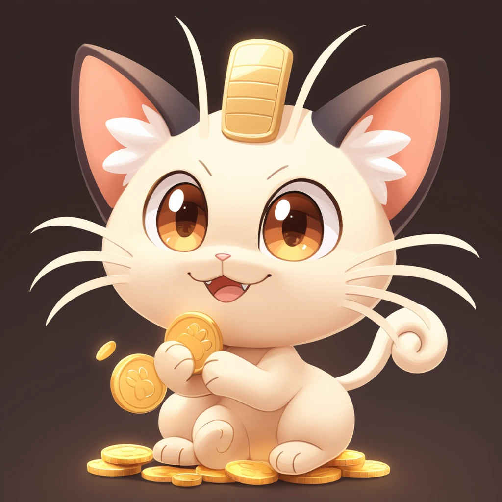 fluffy cute ball of meowth that is white-tan tan-brown with black tipped ears sharp whiskers and a coin on head