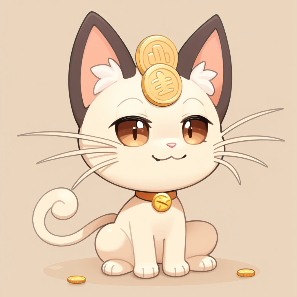 fluffy cute ball of meowth that is white-tan tan-brown with black tipped ears sharp whiskers and a coin on head