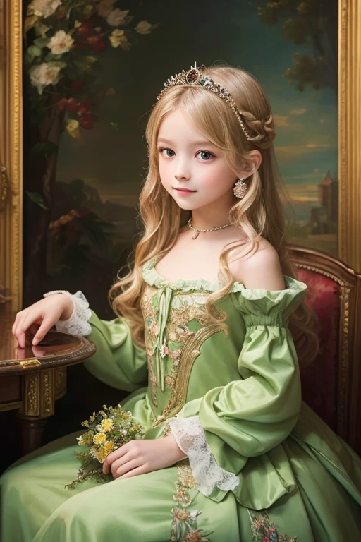 A 6-year-old beautiful girl painted in an oil painting style reminiscent of an impressionist painting. She is fair-skinned and, With long blonde hair、She is wearing a gorgeous Rococo dress. The backdrop is a magnificent, gorgeous, cinematic palace.