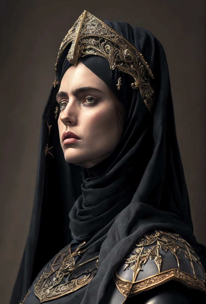 a christian woman, head covered in black, half face covered by a sword, no makeup, detailed face, intricate details, cinematic lighting, dramatic shadows, moody atmosphere, dark colors, baroque, oil painting, photorealistic, 8k, extremely detailed, masterpiece