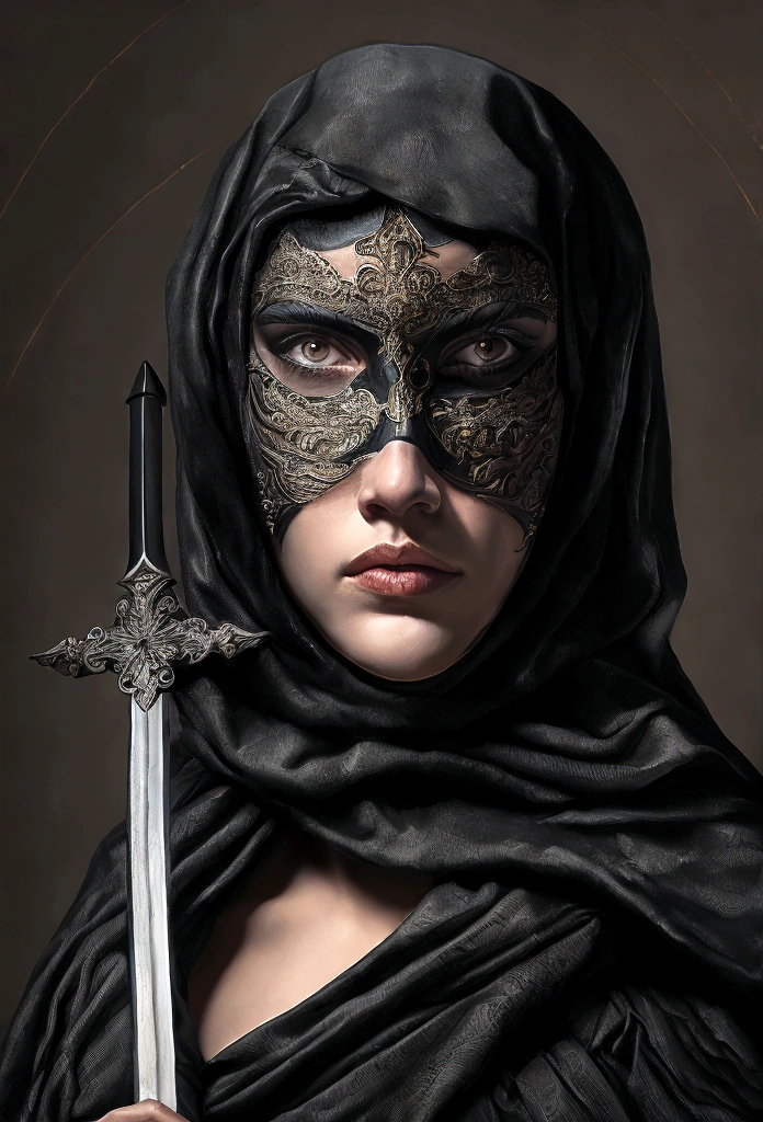 a christian woman, head covered in black, half face covered by a sword, no makeup, detailed face, intricate details, cinematic lighting, dramatic shadows, moody atmosphere, dark colors, baroque, oil painting, photorealistic, 8k, extremely detailed, masterpiece