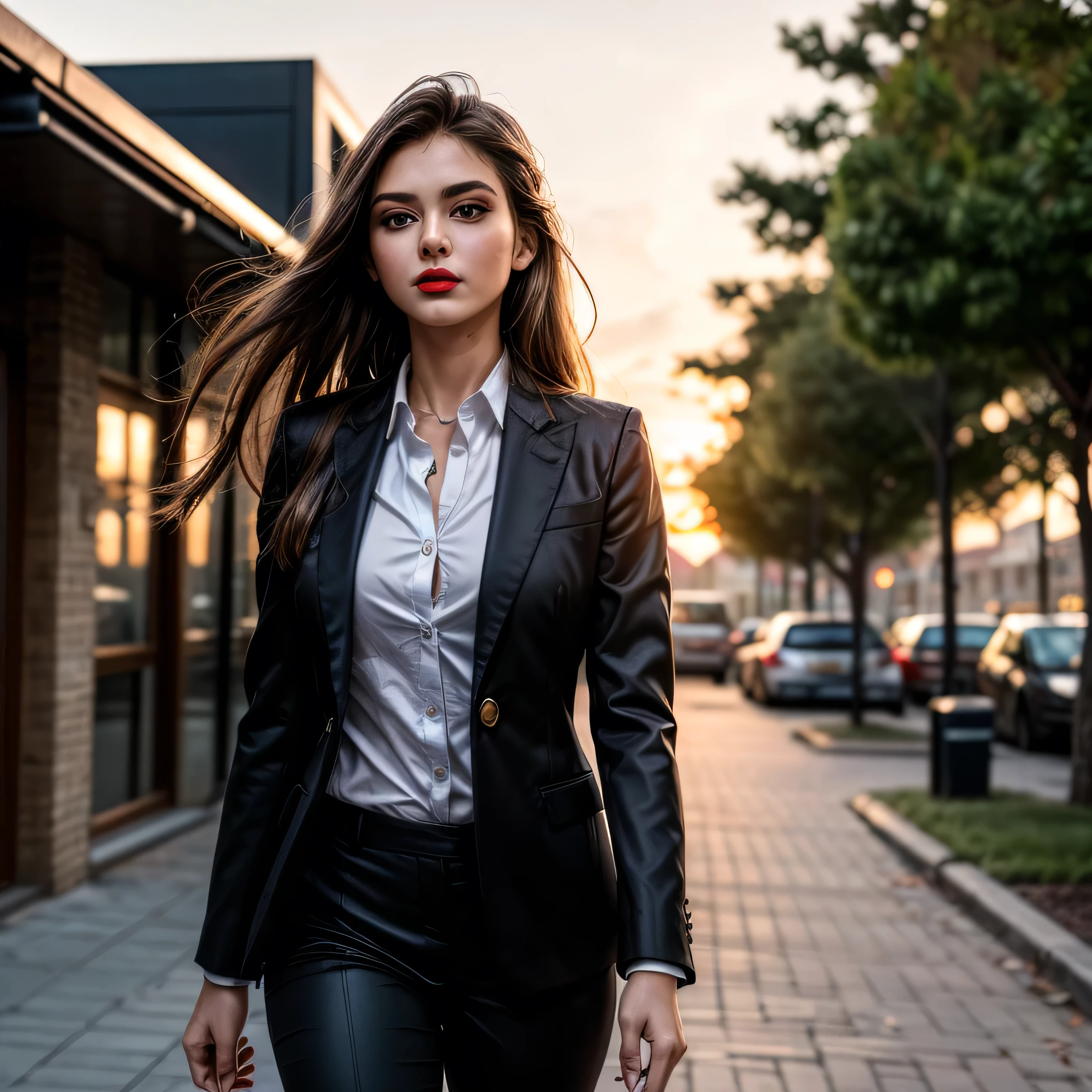 (masterpiece, photorealistic:1.4, extremely intricate:1.3, radiosity, photon mapping, dtx), ((nineteen female, teenage supermodel, ((business suit, black suit coat, white men's business shirt, stepping to the side, serious, looking away, 19 years old, humid, bright red lips)), long eyelashes, makeup:1.3)), ((([skin detail:freckles:0.9]))), outdoor, park, faraway city, professional photograph girl, (long straight hair [glossblack hair:blonde hair:0.6], wind), BREAK ((sunset), bokeh, blurry background)

