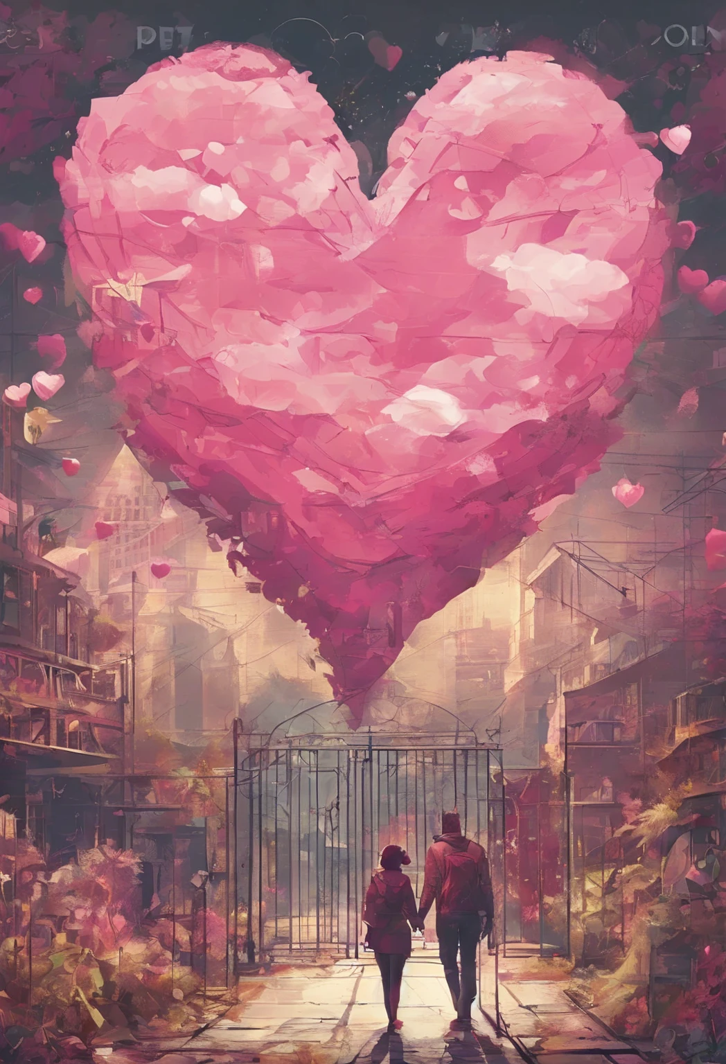 A couple walking on the street,Concept art of love with hands holding heart shaped object, A beautiful artistic illustration, artwork in the style of Gu Weiss, Gu Weiss, Beautiful art UHD 4K, Beautiful digital artwork, Double exposure, Gu Weiss masterpiece, Gu Weiss on pixiv artstation