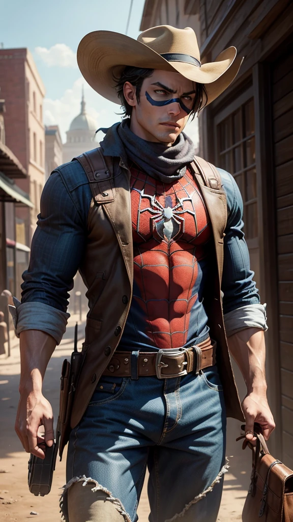 Spider-man in Wild West style, wearing Cowboys lather clothes, masked, Cowboys hat and bring a pistol, in cowboy city, cinematic, extreem realistic, extreem detailed, extreem Sharp, super high resolution image, best quality photo,