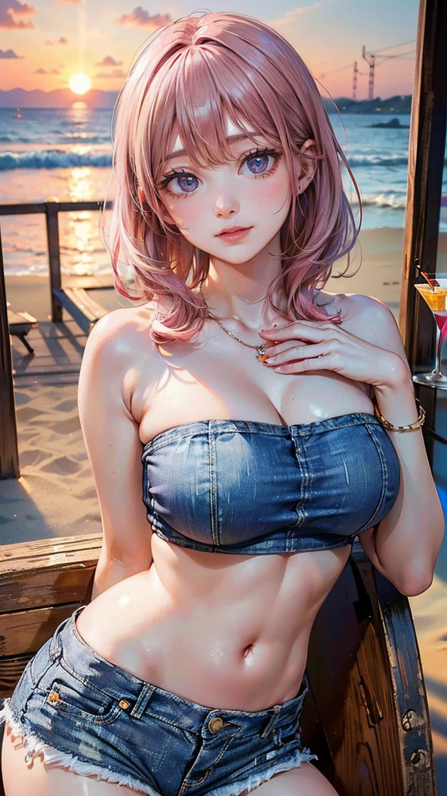 (Masterpiece, BestQuality:1.3), (ultra detailed:1.2), (hyperrealistic:1.3), (RAW photo:1.2), High detail RAW color photo, professional photograph, (Photorealistic:1.4), (realistic:1.4), professional lighting, perfect ???????, (???????????:1.2), (blush, detailed face), (cheerful Smile:1.5), Trending Hair&Trending Hairカラーをランダムに, earrings, necklace, bracelet, sexly, ?????? sexly, Random ???? gravure poses, (A beautiful pink-haired woman wearing a tube top and denim shorts、Smiling and posing sexily while enjoying a cocktail on the sunset beach。: 1.3)