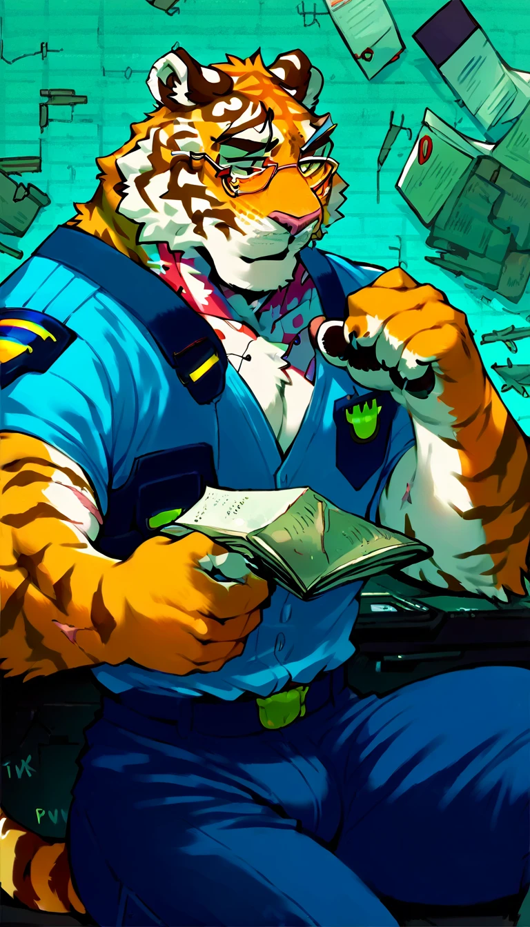 score_9, score_8_up, score_7_up, (cyberpunk city, police office, work cabinet, wall on background:1.5),
((Tiger:1.2), anthro, solo, male, portrait, Sitting at the table, (reading papers:1.2), ((wearing police uniform, police captain)), ((tiger fur:1.5)), (scars, glasses:1.5), beautiful, (wears cyberpunk additions:1.25)