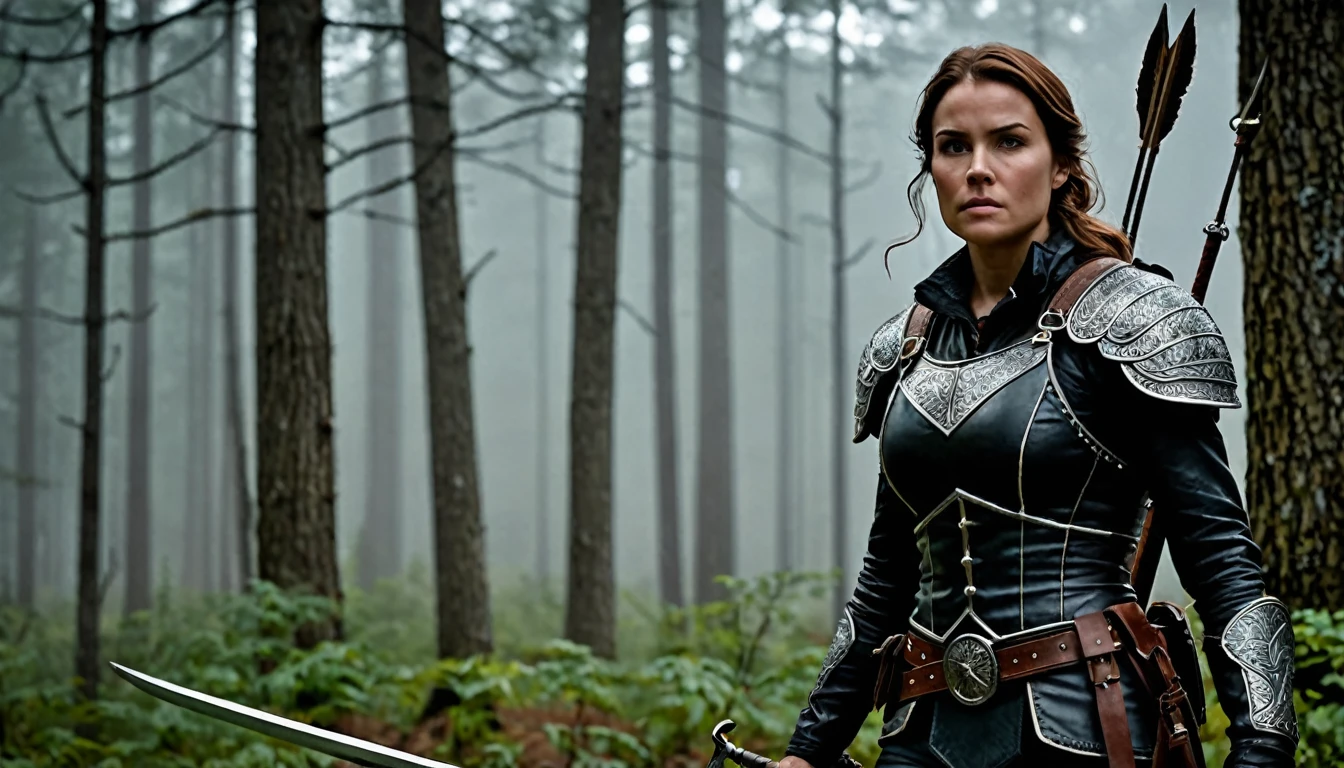 cinematic film still female thief Poised for Action in Leather Armor and Spear, cowboy shot, magical forests, an accomplished huntress covered in supple leather armor that hugs her athletic form like a second skin, weilding a mighty spear, rests easily in her skilled grasp, mystical runes etched deeply into the shaft reveal secrets known only to initiates of the Old Religion, granting her protection and prowess few dare challenge, she remains vigilant with a fierce determination, her watchful gaze penetrating the fog and gloom, prepared to meet danger head-on, style of Will Murai, style of Clint Cearley, style of Don Lawrence, . shallow depth of field, vignette, highly detailed, high budget, bokeh, cinemascope, moody, epic, gorgeous, film grain, grainy