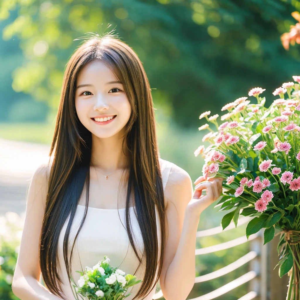 Create an image of a young woman around 25 years old, inspired by the provided image. The woman should have long, flowing hair and a gentle smile, holding a bouquet of flowers similar to the one in the reference. The setting should be a beautiful outdoor environment with greenery in the background, reminiscent of a sunny day. The woman should have a slightly more mature appearance while maintaining a warm and friendly expression. Ensure the lighting and color tones are soft and natural, highlighting her youthful yet mature beauty.