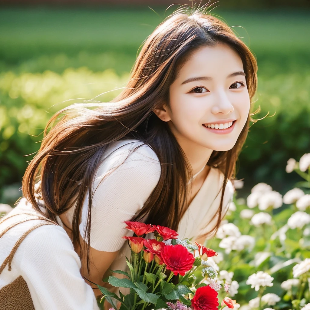 Create an image of a young woman around 25 years old, inspired by the provided image. The woman should have long, flowing hair and a gentle smile, holding a bouquet of flowers similar to the one in the reference. The setting should be a beautiful outdoor environment with greenery in the background, reminiscent of a sunny day. The woman should have a slightly more mature appearance while maintaining a warm and friendly expression. Ensure the lighting and color tones are soft and natural, highlighting her youthful yet mature beauty.