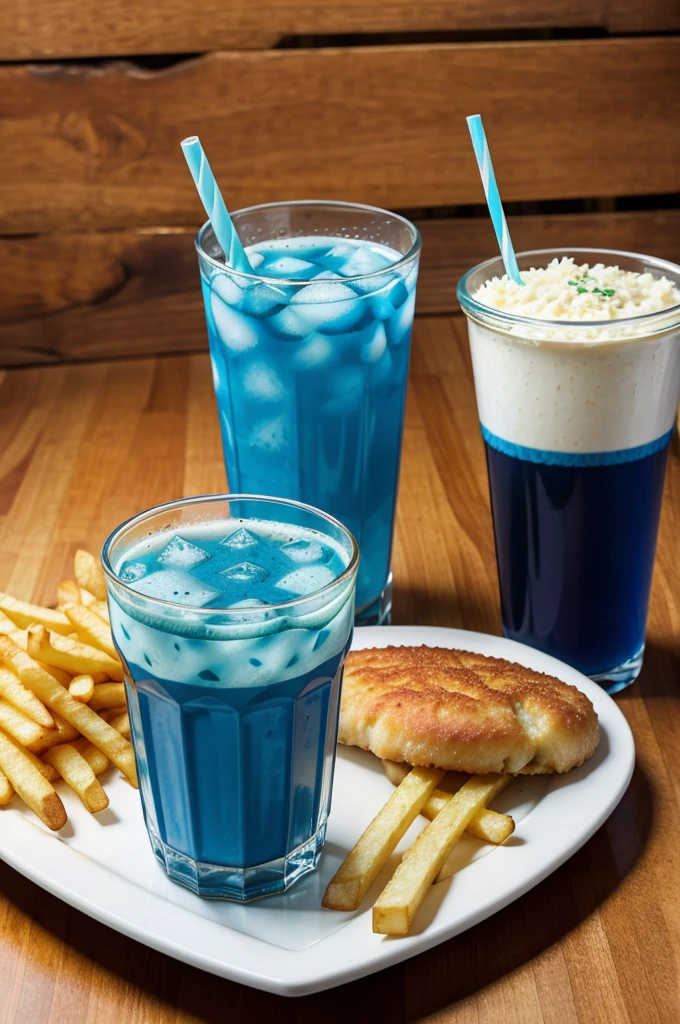 French fries round cutlet and blue drink 
