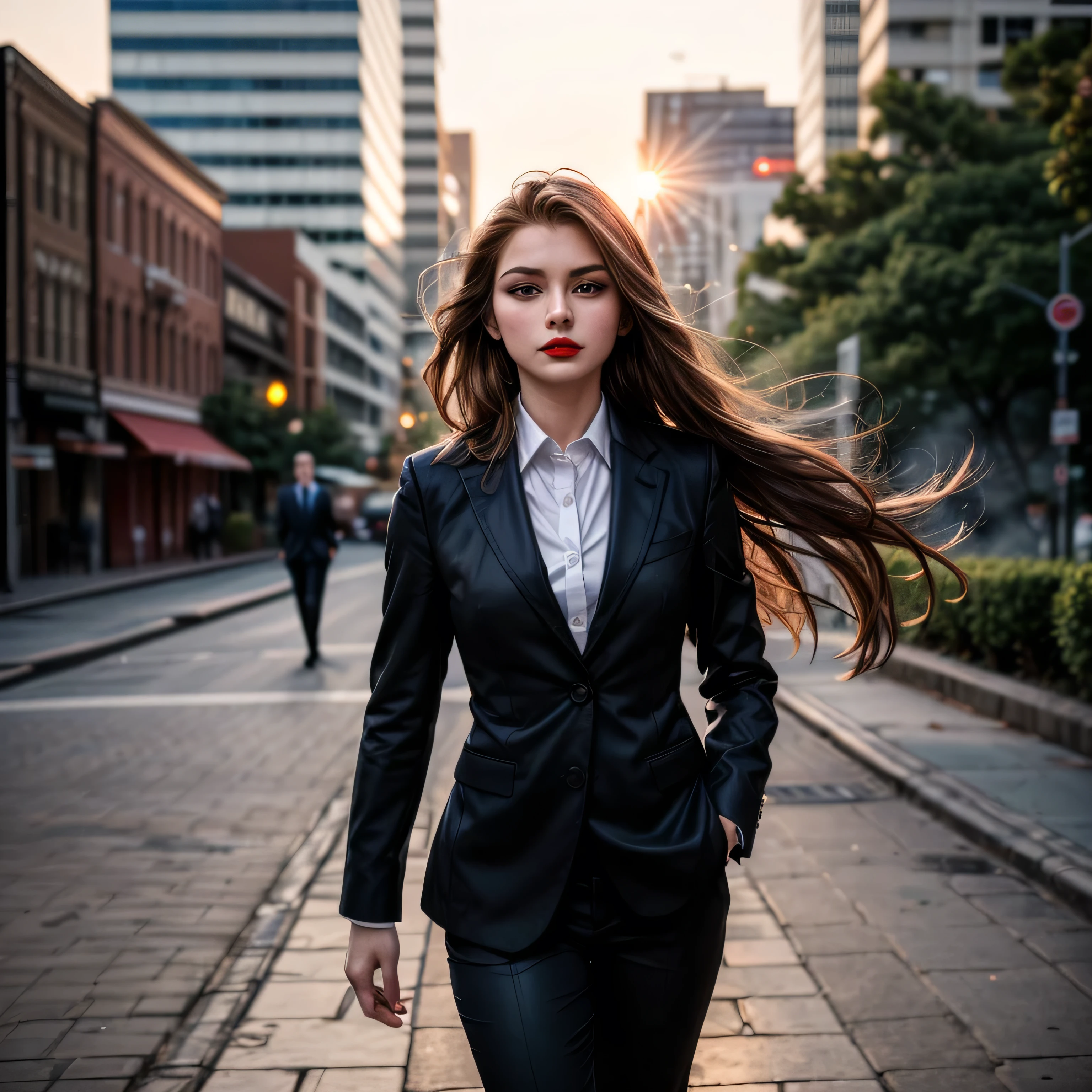 (masterpiece, photorealistic:1.4, extremely intricate:1.3, radiosity, photon mapping, dtx), ((nineteen female, teenage supermodel, ((business suit, black suit coat, white men's business shirt, stepping to the side, serious, looking away, 19 years old, humid, bright red lips)), long eyelashes, makeup:1.3)), ((([skin detail:freckles:0.9]))), outdoor, park, faraway city, professional photograph girl, (long straight hair [glossblack hair:blonde hair:0.6], wind), BREAK ((sunset), bokeh, blurry background)

