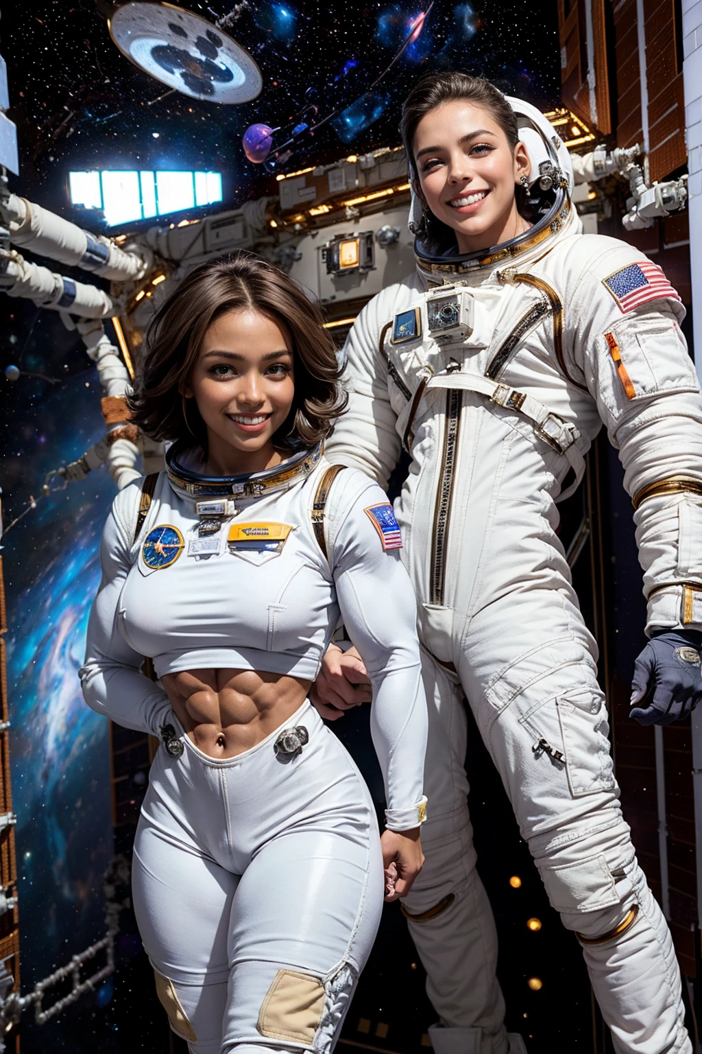 (Muscular:2), (thick thighs:1), (large round breasts:1), (large muscular chest and shoulders:0), FEMALE, brown hair, long brown hair, (big smile:1.6), (wearing a tight white spacesuit:1.5), looking at viewer, (three quarter view:1.2), upper body view, (inside of space station:1.5), dark lighting, detailed skin, detailed eyes, (dark skin:1.1), (very thin waist:1.3), (huge round muscles:1.5),